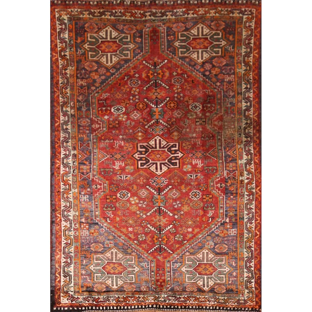 Geometric Shiraz Persian Vintage Area Rug Handmade Wool Carpet - 3'8"x 5'8"