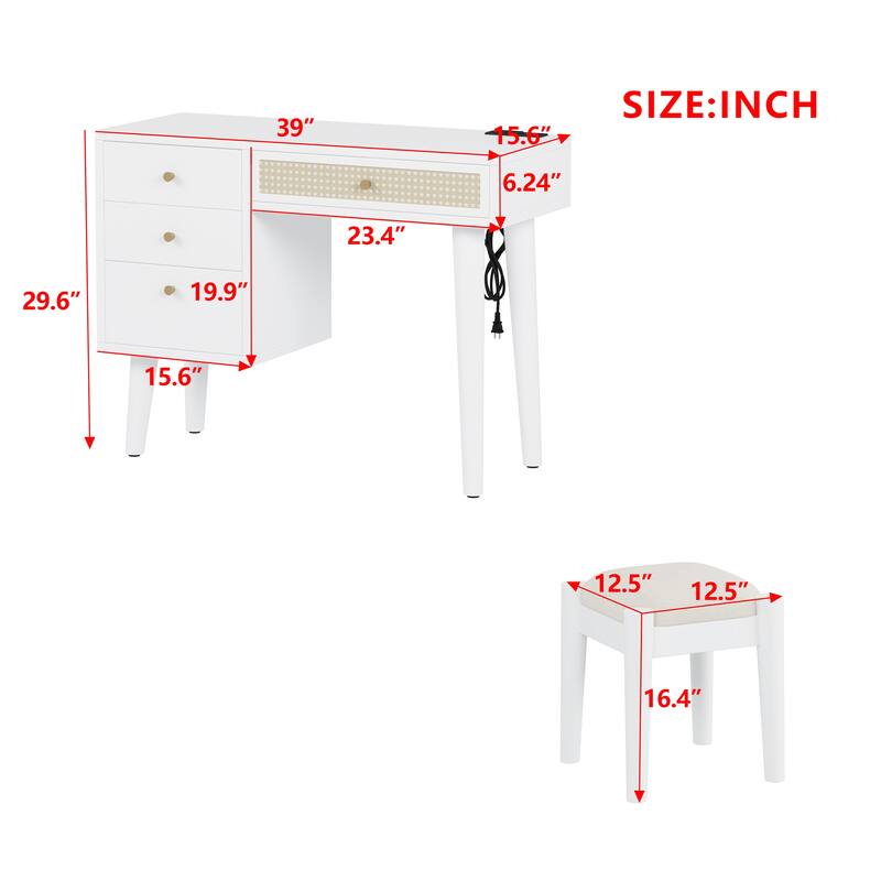 2-Piece Makeup Vanity Set with Upholstered Stool, Makeup Vanity Dressing Table with Power Outlet & USB Port (No Mirrors)