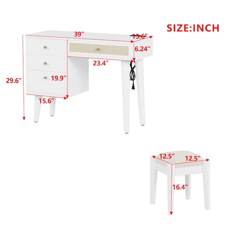 Wooden Makeup Vanity Desk with Stool, Rattan Drawer, 39" Boho Style Dressing Table with Charging Plug & USB Port
