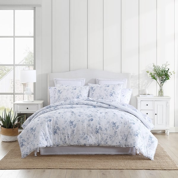 Laura Ashley Belinda Blue Cotton Comforter Reversible Set - Full - Queen - 3 Piece