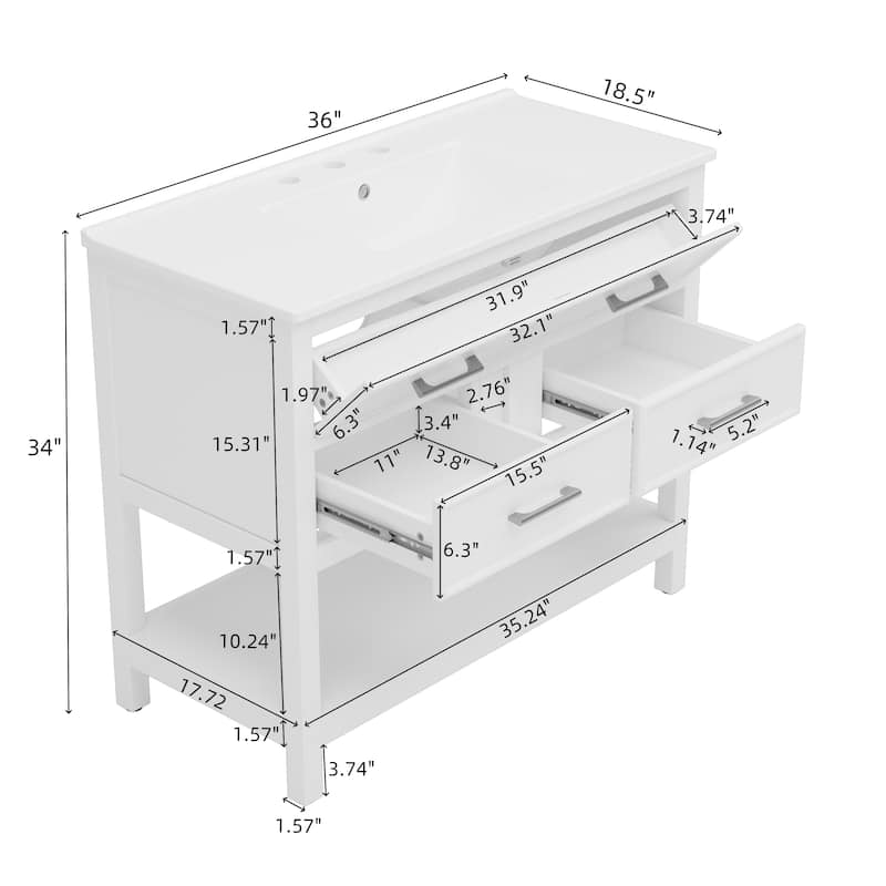 36" Bathroom Vanity with Ceramic Sink, Bathroom Vanity with Tip-Out Tray and 2 Full-Extension Drawers