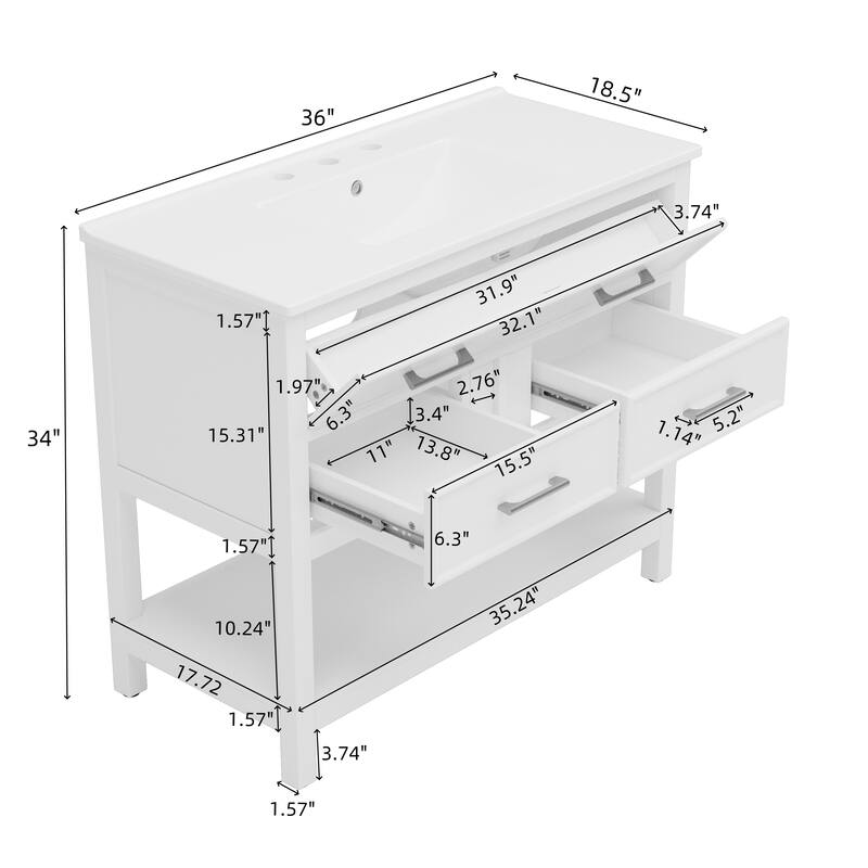 36" Bathroom Vanity with Ceramic Sink, Tip-Out Tray, 2 Full-Extension Soft Close Drawers, Silver Pulls and Open Shelf