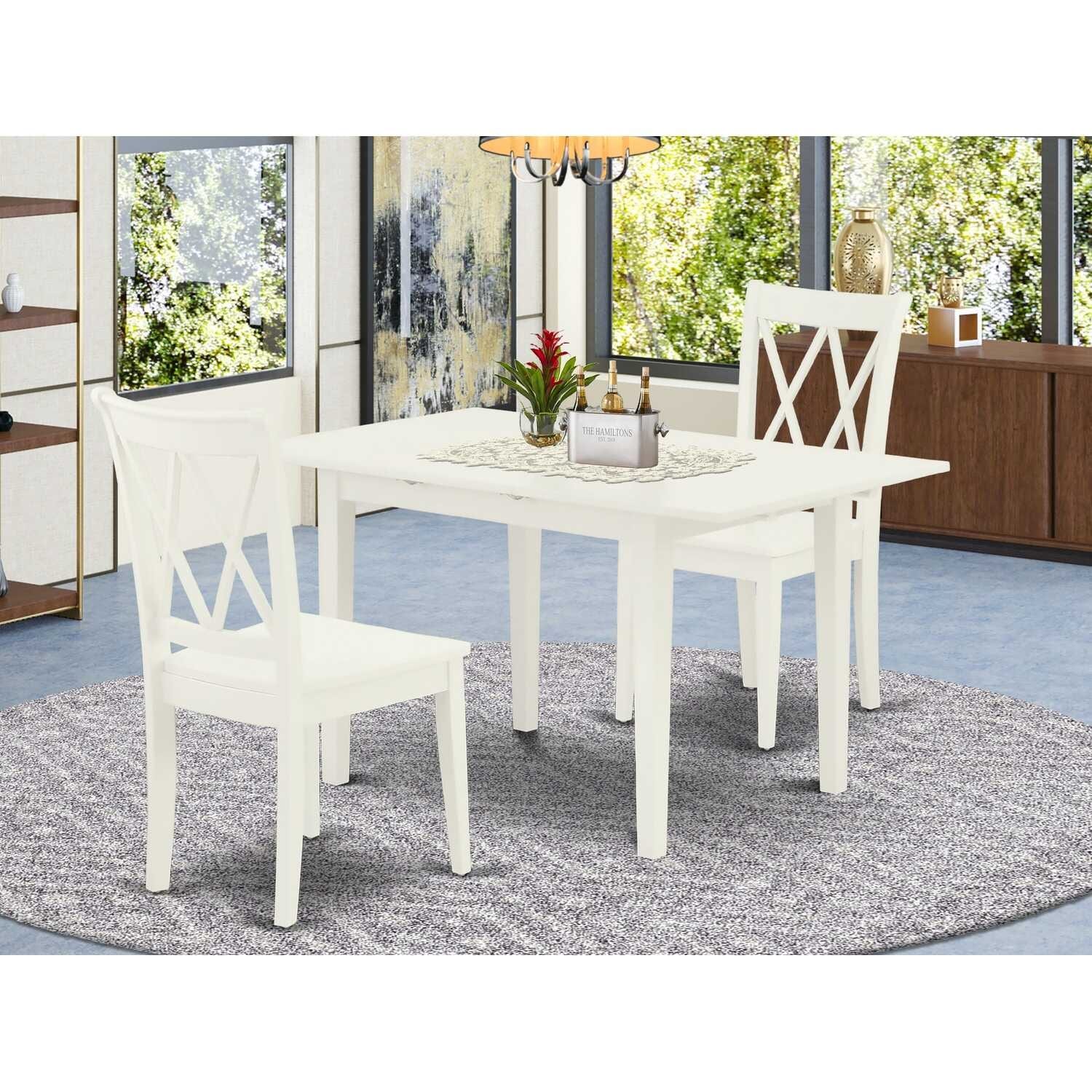 HomeStock 3-Piece Linen White Finish Rectangular Solid Wood Top with Butterfly Leaf Dining Table Set