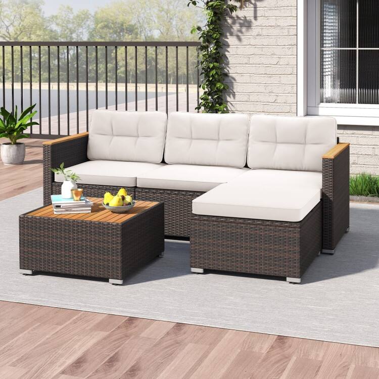5 Piece Mix Brown Rattan Metal Outdoor Sofa Conversation Set with Off-White Cushions and Wood Table