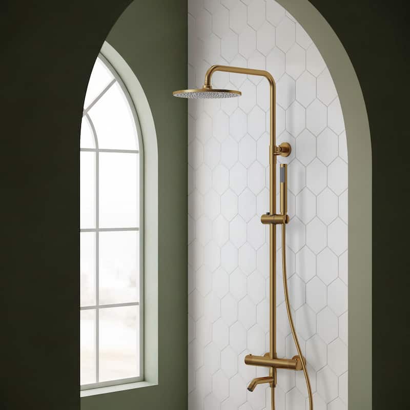 Height Adjustable Thermostatic Shower System with Tub Spout, 10" Rain Shower Head, Hand Shower, Brass Valve - Brushed Gold