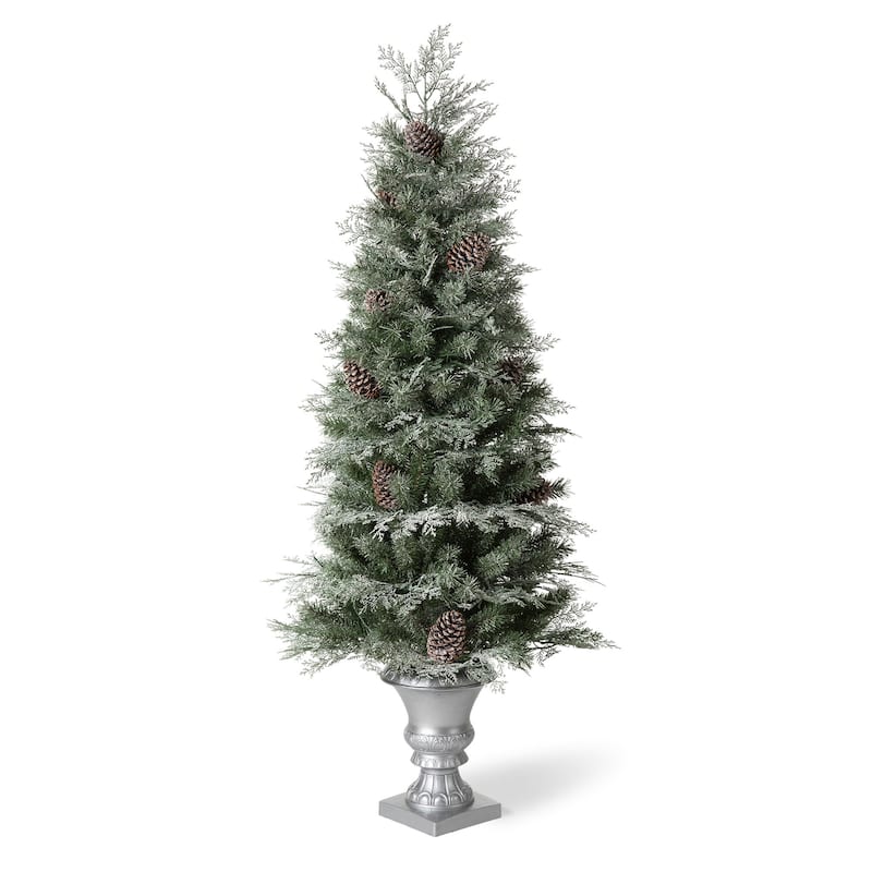 Glitzhome 4ft/5ft/6ft Flocked Pine Christmas Potted Porch Tree With Warm White Lights