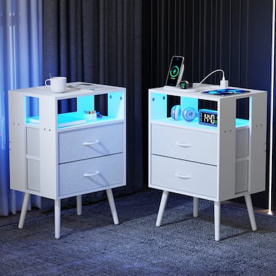 2 Pack Modern Nightstand with Charging Station, Bedside Tables with LED Light and Fabric Drawers