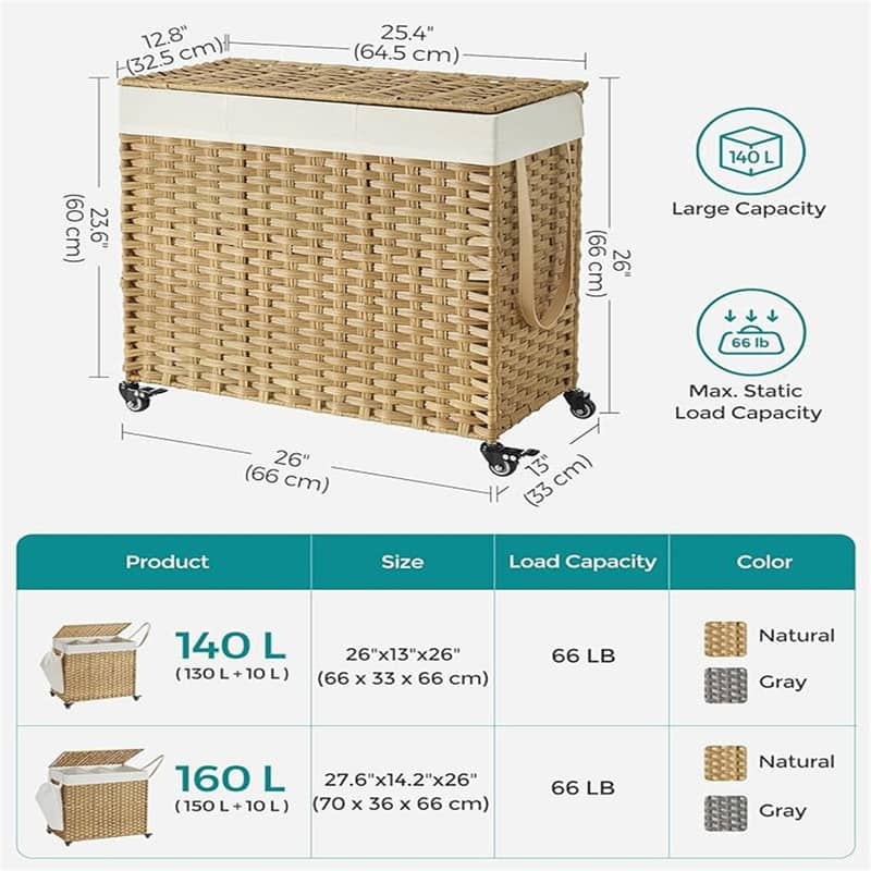 Laundry Hamper with Lid, 37 Gallon (140L) - 26"L x 13"W x 23.6"H