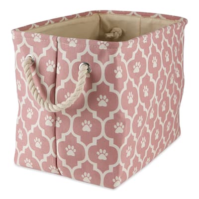 16" Pink White Rectangular Medium Lattice Paw Pet Storage Bin