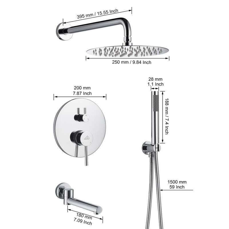 1-Spray Pattern 10-inch Round Wall Mount Shower System with Tub Faucet