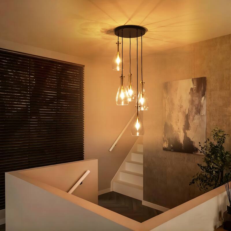 5-Light Modern Black Cluster Raindrop Clear Glass Chandelier for Kitchen Island, Staircase, Hallwya