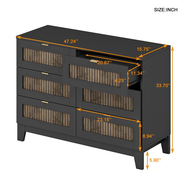 Rustic Farmhouse Style Wooden Dresser with 6 Drawers, Storage Cabinet for Bedroom with Metal Handles