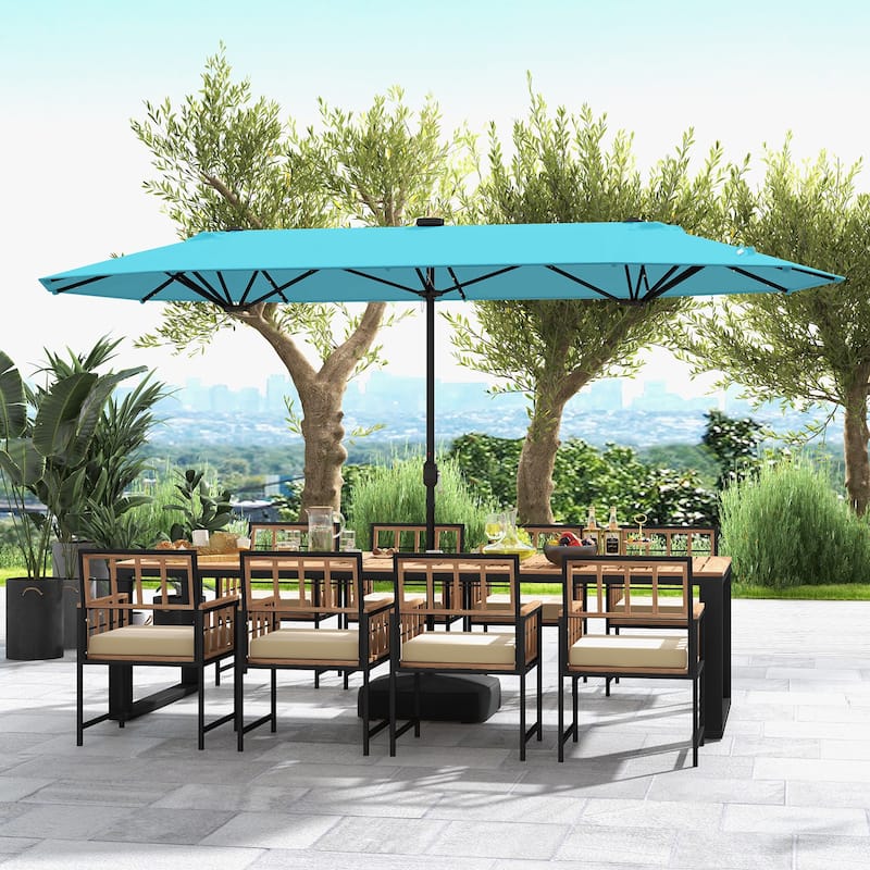 Large 13 Feet Double-Sided Outdoor Patio Umbrella with LED Lights and UV Protection Included Weighted Base
