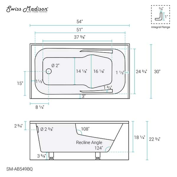 dimension image slide 6 of 20, Swiss Madison Voltaire, Acrylic White, Alcove, Integral Armrest, Bathtub with Apron