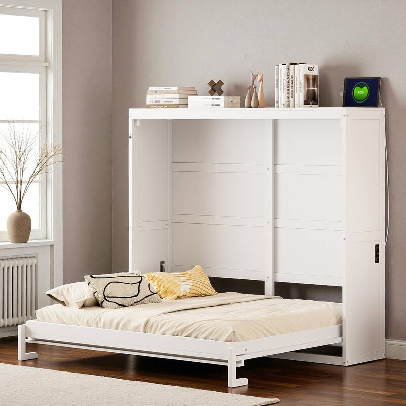 Full/Queen Size Murphy Wall Bed with Cabinet, Space-Saving Fold-Out Bed with Slat Support, No Box Spring Needed