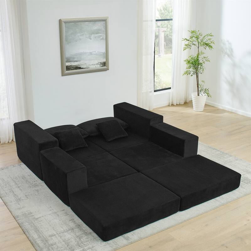 Folding Deep Seat Couch Modular L-shaped Sectional Sofa Corduroy Upholstered Sleeper Sofa Bed with Throw Pillows