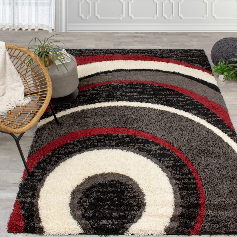 Shag Collection - Red/Grey/Black/White Circles Rug - 6'7" x 9'6"