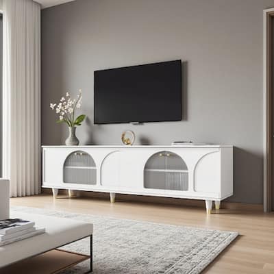Modern TV Stand for TVs up to 78", Media Console with Adjustable Shelves, Gold Fluted Glass Doors & Handles, Cable Management