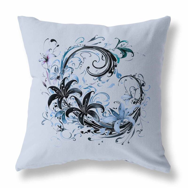 Skyblue And Black Petal and Swirl Indoor/Outdoor Throw Pillow Zipper