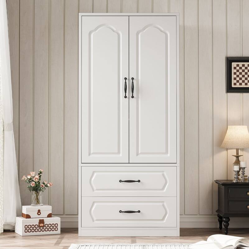 69" Wooden Armoire Wardrobe Closet with Drawers, Modern Bedroom Storage Cabinet with Hanging Rod