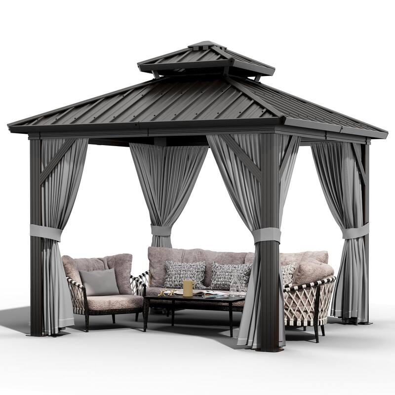 Outdoor Hardtop Gazebo Galvanized Aluminum Framed Double Roof Pavilion with Netting and Curtains, Waterproof Roof Gazebo