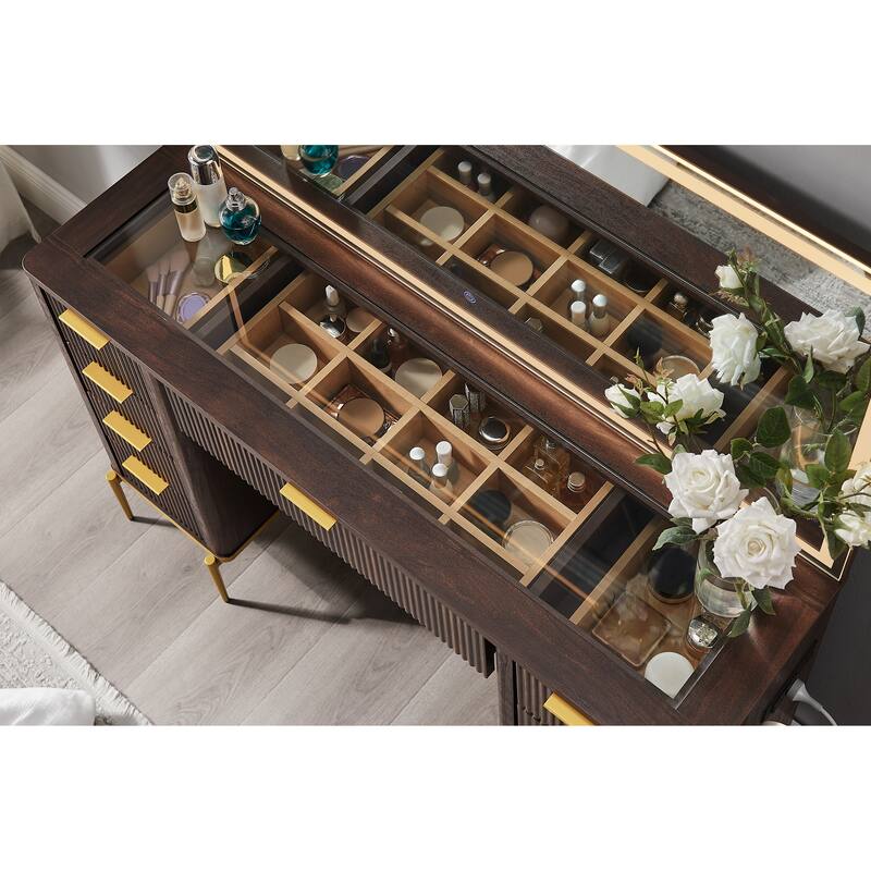 Modern Fluted Makeup Vanity Desk with Mirror, Lights, Charging Station