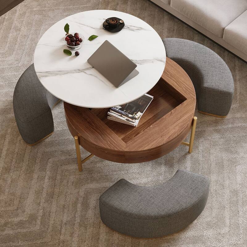 Stylish Round Coffee Table with Hidden Storage and Space-Saving Ottomans - Brown Gray and Golden White - Wood