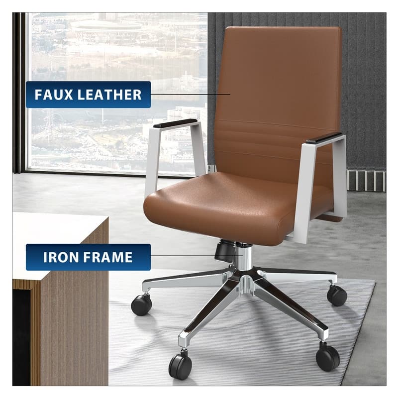 Mid-Back Leather Office Chair in Iron Modern Ergonomic Swivel Lift Tilt Computer Task Chair