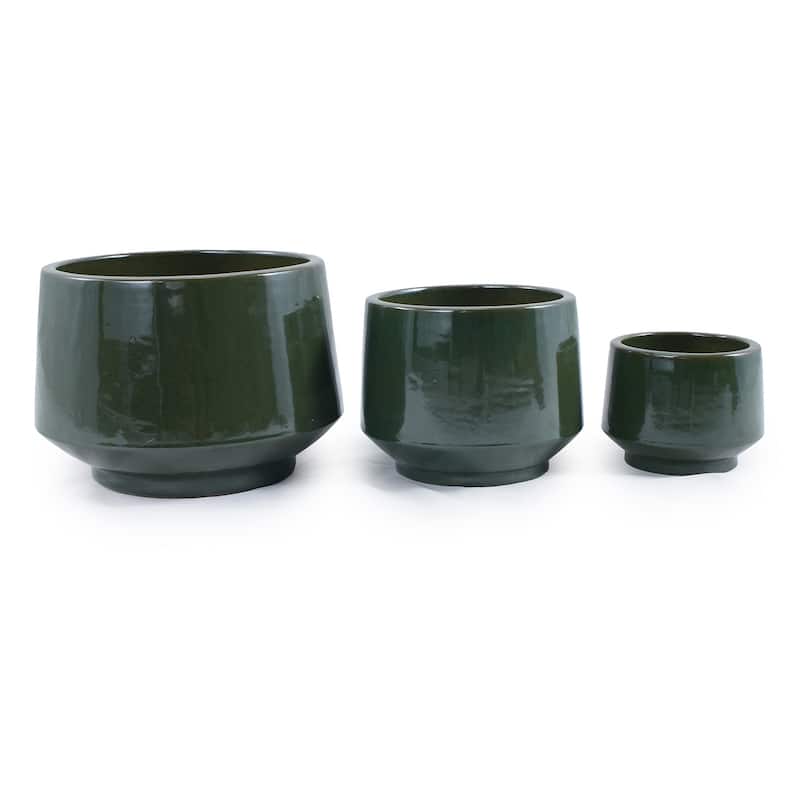 Antique Green Ceramic Planter Set of 3 - 14.7" Square Weather-Resistant Plant Pots with Drainage