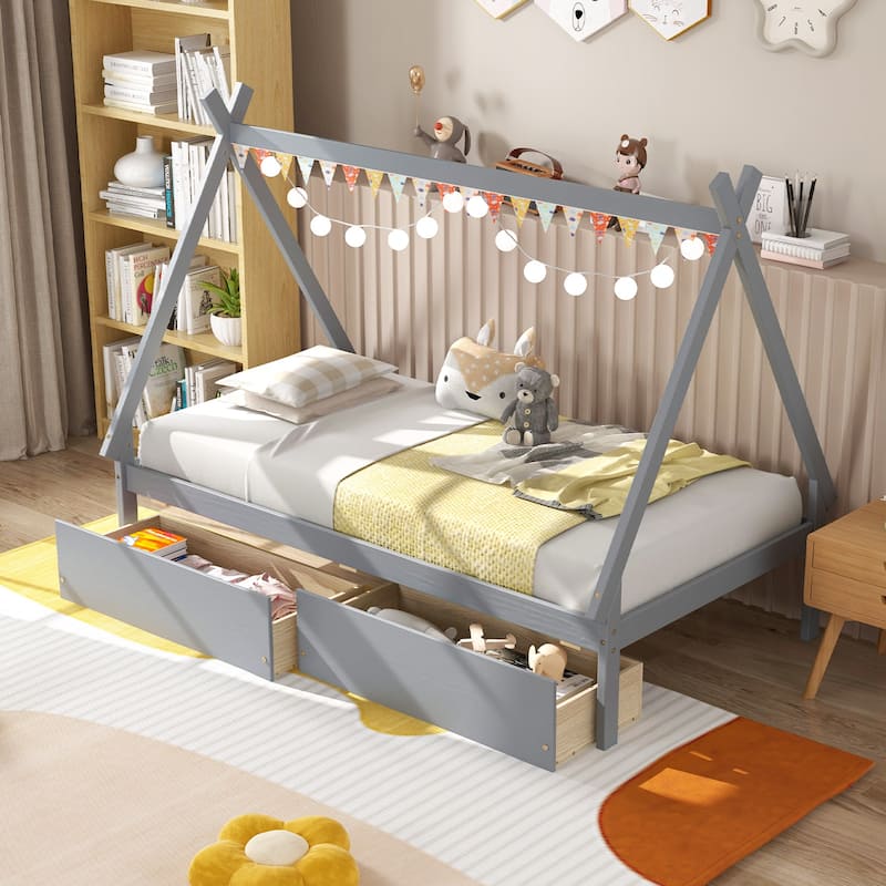 Kids Twin Size Wooden House-Shaped Platform Bed with Storage Drawers for Boys and Girls