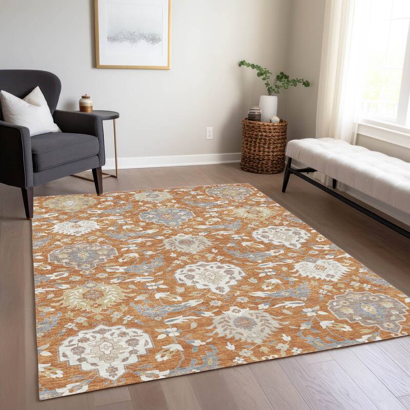 Machine Washable Indoor/ Outdoor Traditional Kashan Chantille Rug - Copper - 8' x 10'