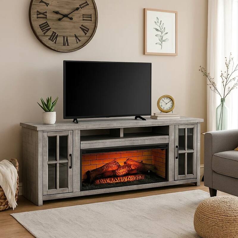 Gery TV Console w Log Fireplace Insert Option, 76 Inch, 2 Cabinets, Gray Brown Mahogany