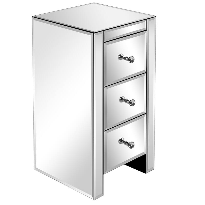Mirrored Glass Nightstand with Three Drawers