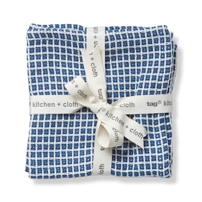 Textured Check Blue Dishcloth - Cotton Kitchen Towel, 12" x 12", Machine Washable, Everyday Use