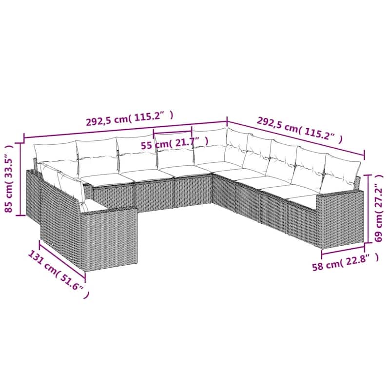 vidaXL 11/12 Piece Patio Sofa Set with Cushions Black Poly Rattan - 24.4" x 24.4" x 27.2"