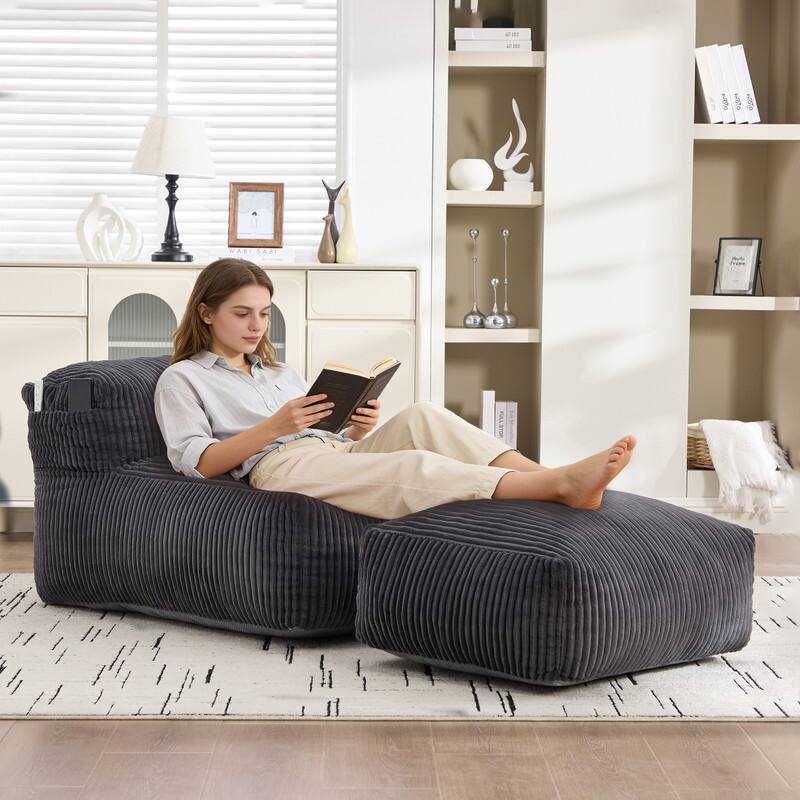 Corduroy Upholstered Lounger Large Ergonomic Support Compressed Bean Bag Sofa with Ottoman