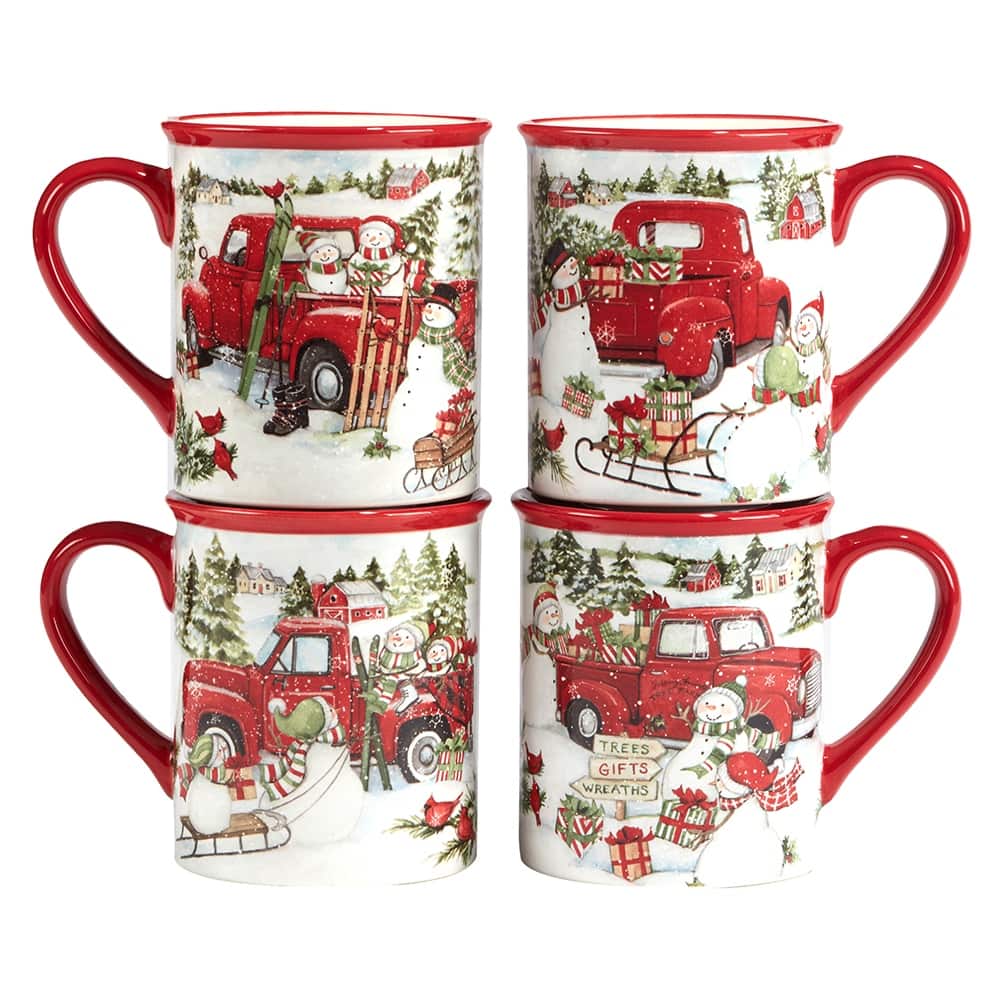 Certified International Red Truck Snowman 16 oz. Mugs, Set of 4