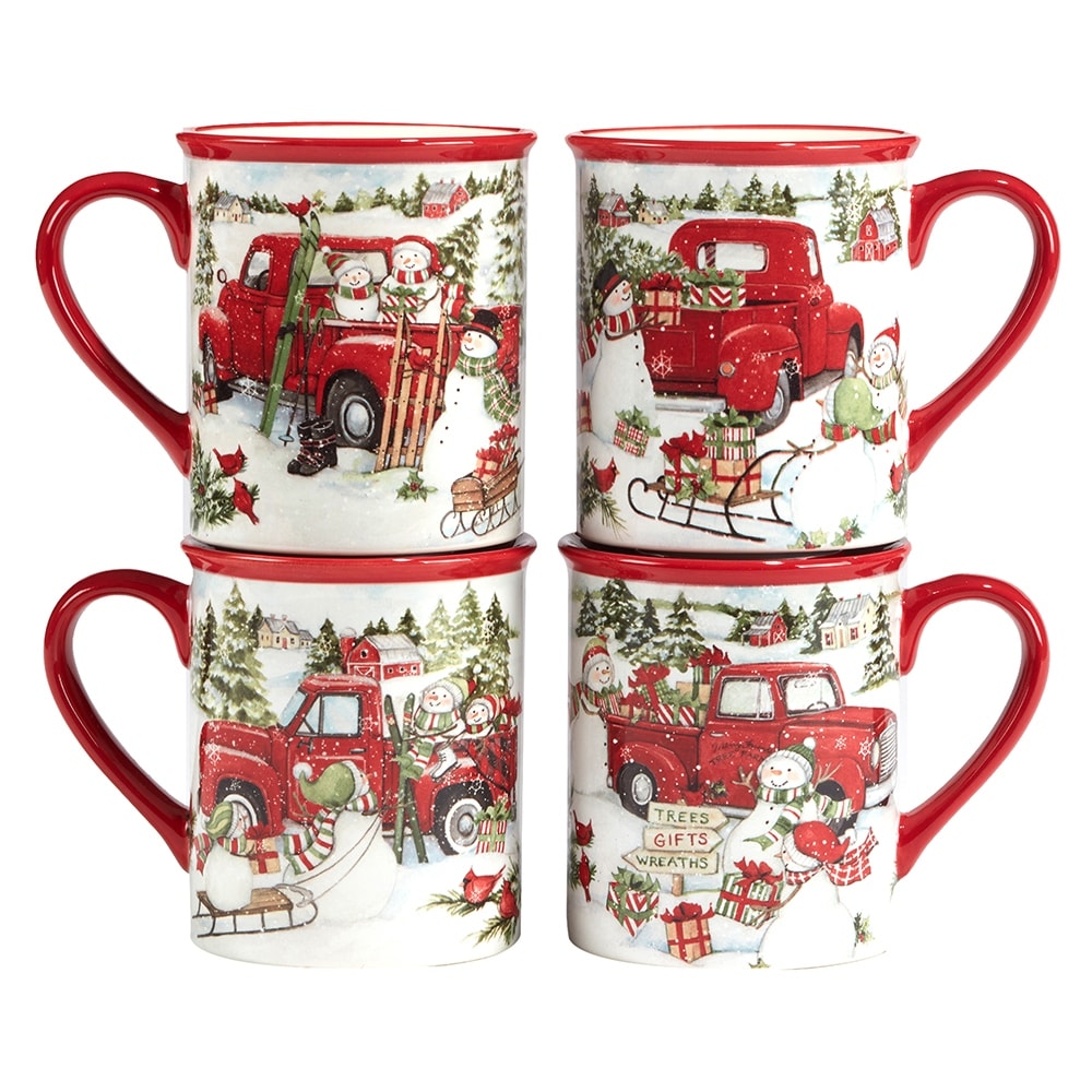 Certified International Red Truck Snowman 16 oz. Mugs, Set of 4