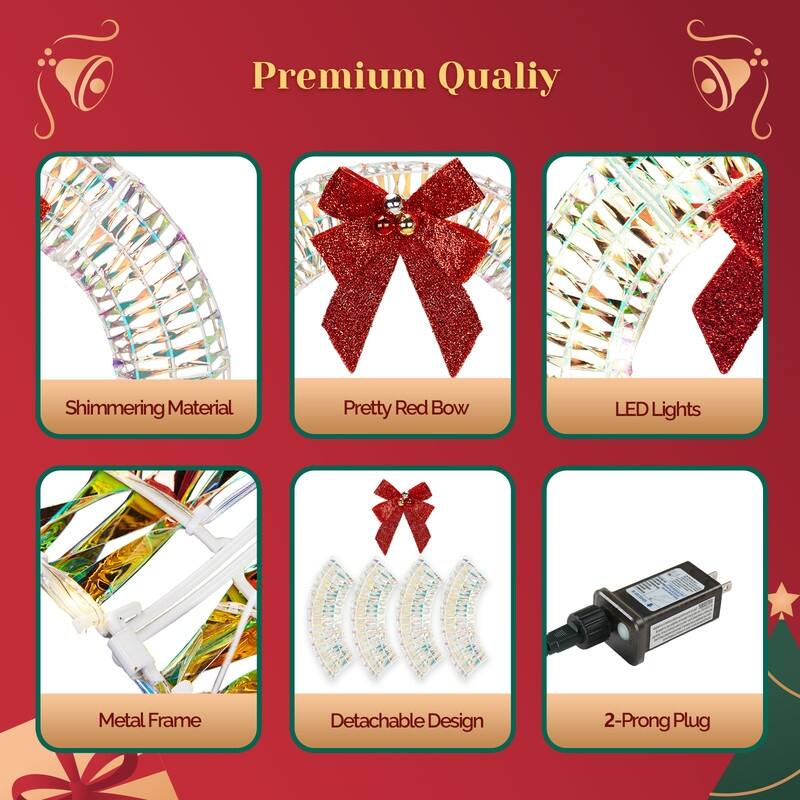 24in Pre-lit Iridescent Outdoor Christmas Wreath Decoration, Lighted Metal Wreath for Front Door Gate Wall Holiday Party