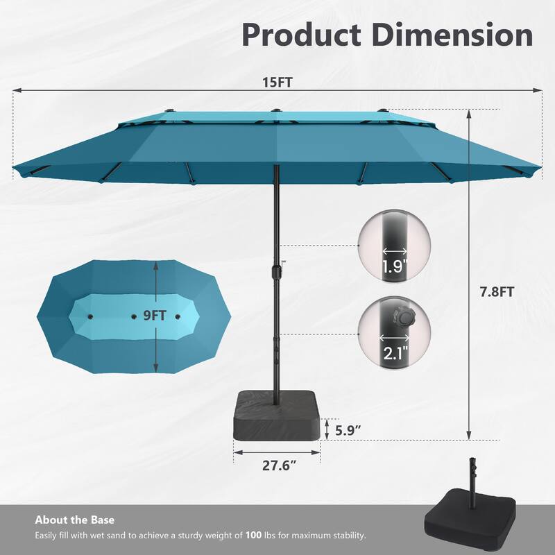 MAISON ARTS 15ft 2-Tier Large Patio Umbrella with Solar Lights, Double-Sided Outdoor Market Umbrellas with Base Included