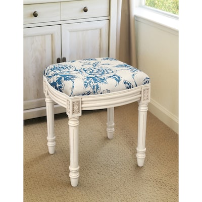 Navy Blue Peony Vanity Stool with antique white finish