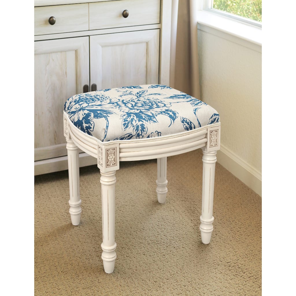 Navy Blue Peony Vanity Stool with antique white finish