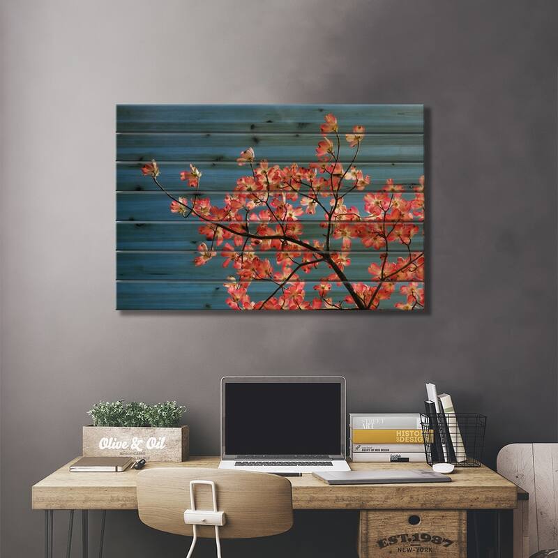 Pink dogwood tree against blue sky, Lexington, Kentucky Print On Wood by Adam Jones - Multi-Color