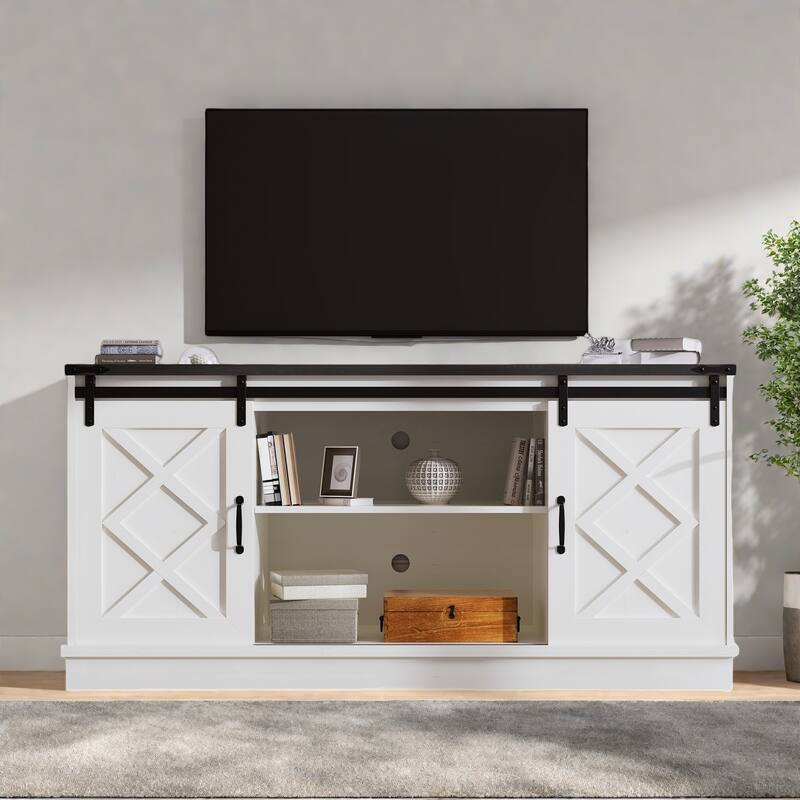 58.27" TV Stand with Sliding Barn Doors with Adjustable Shelves and Soundbar Shelf - White