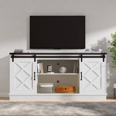 58.27" TV Stand with Sliding Barn Doors with Adjustable Shelves and Soundbar Shelf