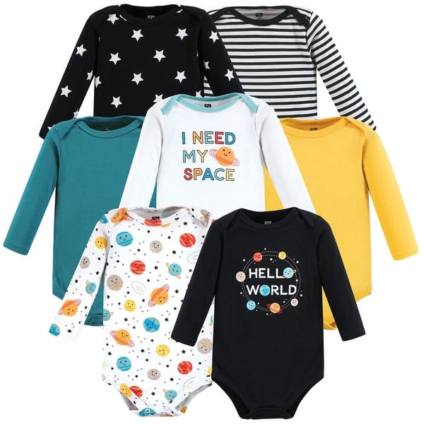 slide 1 of 1, Hudson Baby Cotton Long-Sleeve Bodysuits, Happy Planets 7-Pack 0-3 Months - Happy Planets 7-Pack