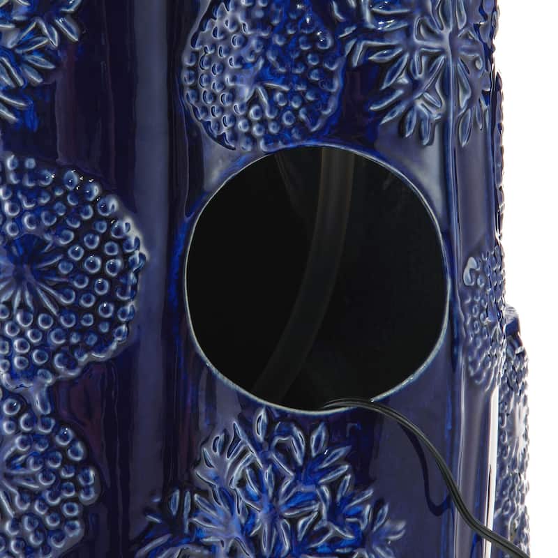 Glitzhome 27" H 4-Tier LED Ceramic Outdoor Floor Fountain with Birds, Cobalt Blue Turquoise Dandelion Texture Vase-Shaped