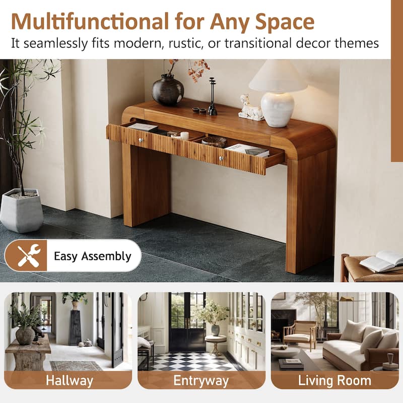 Rustic Console Table with Fluted Drawer Front, Entryway Table with Curved Corners & Thick Legs, Sturdy Sofa Table