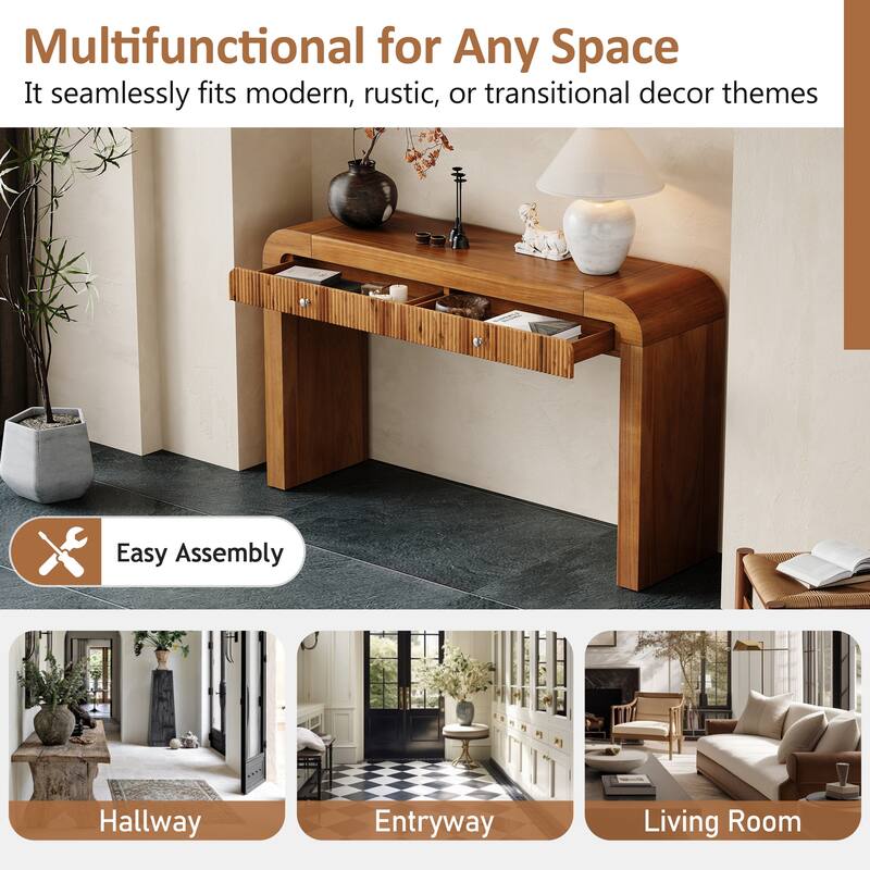 Rustic Curved Console Table Entryway Table with 2 Fluted Drawers for Hallway & Living Room