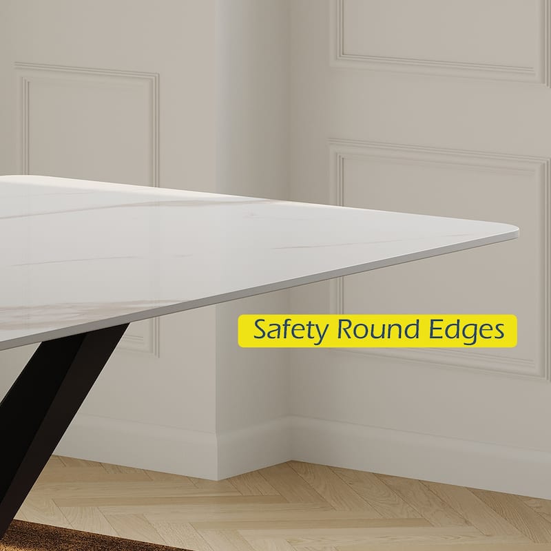 Modern Rectangular Dining table with Glossy Sintered Stone Table top, White Kitchen Table
